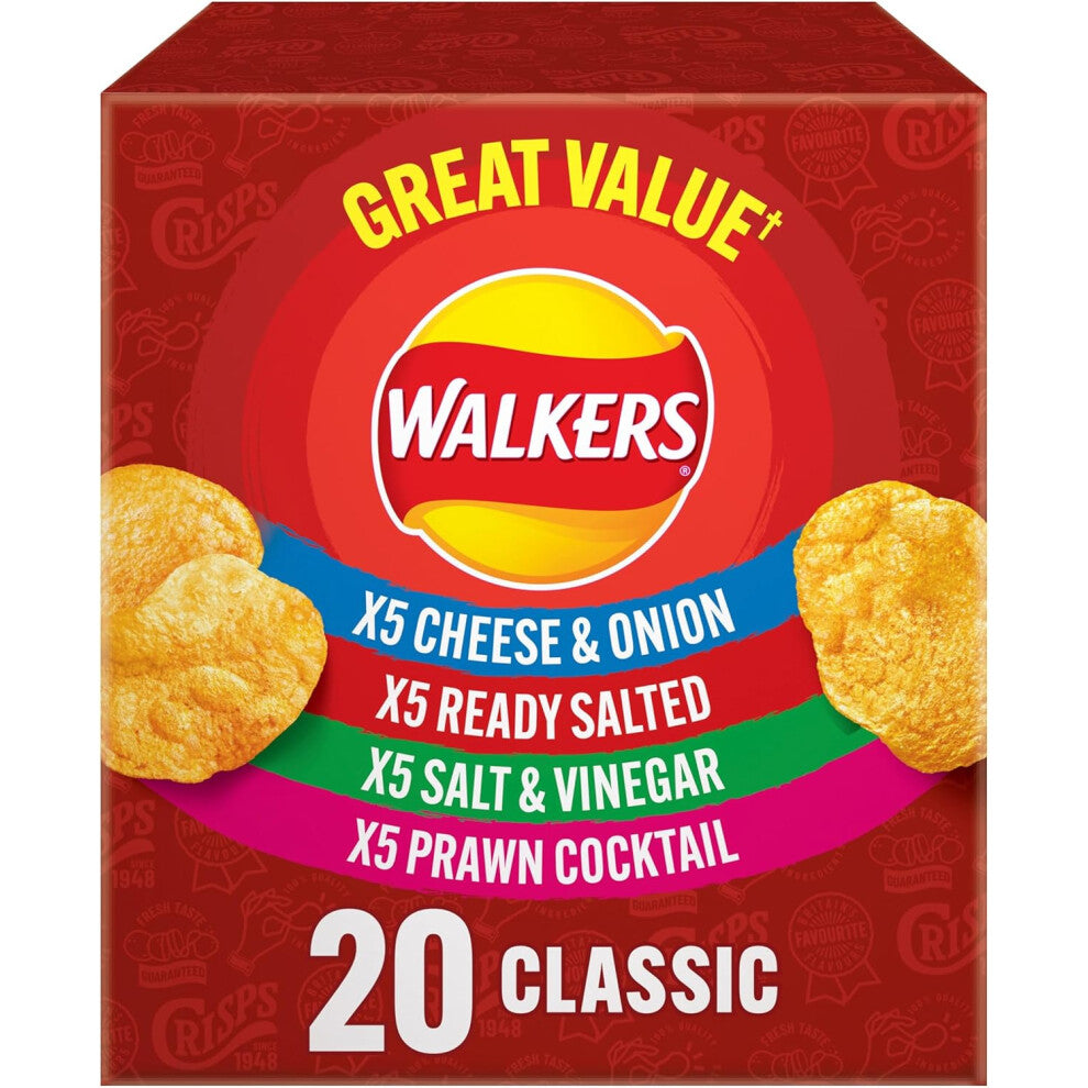 Walkers Classic Variety Multipack Crisps Box 20x25g - Ready Salted, Cheese & Onion, Salt & Vinegar, Prawn Cocktail (Code: Multipack Crisps Box)