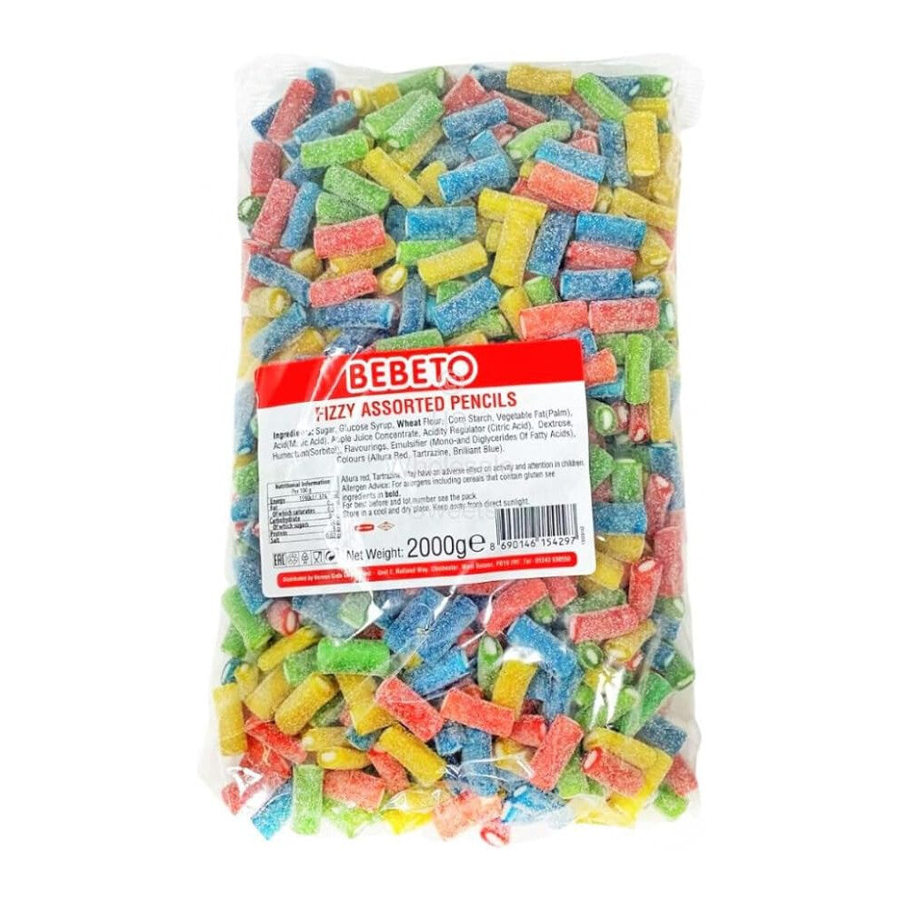 (Fizzy Assorted Pencils VEGAN (16015948)) Bebeto VEGAN Range Fizzy Blue Raspberry Pencils, Assorted Pencils 6 x 2KG Bags Halal Sweets