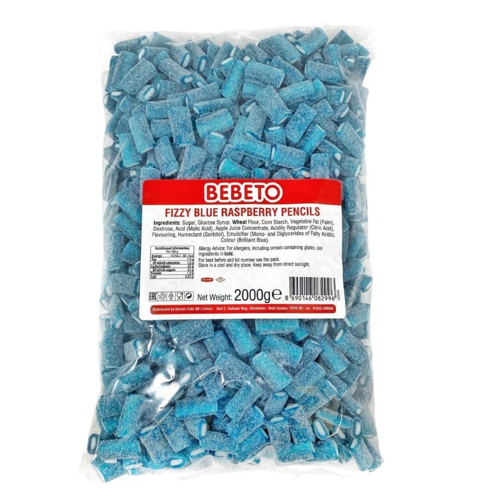 (Fizzy Blue Raspberry Pencils VEGAN (16007156)) Bebeto VEGAN Range Rainbow Belts, Strawberry Pencils 3 x 2KG Bags Halal Sweets