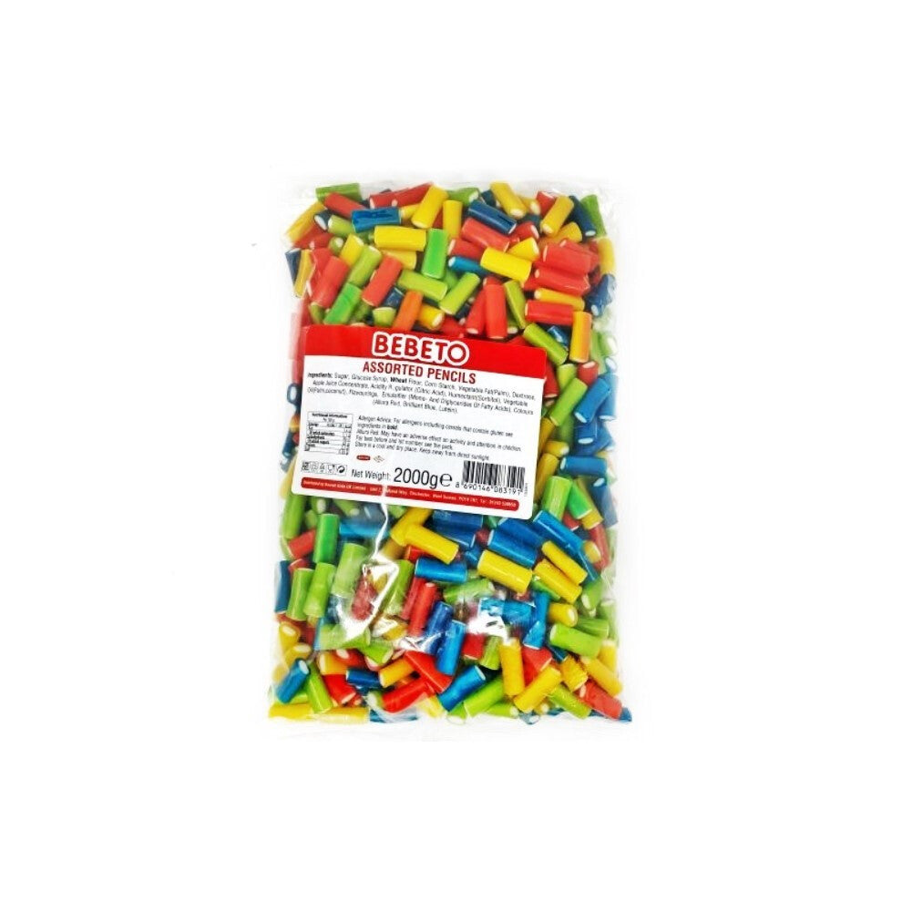 (Assorted Pencils VEGAN (16007166)) Bebeto VEGAN Range Rainbow Belts, Strawberry Pencils 3 x 2KG Bags Halal Sweets