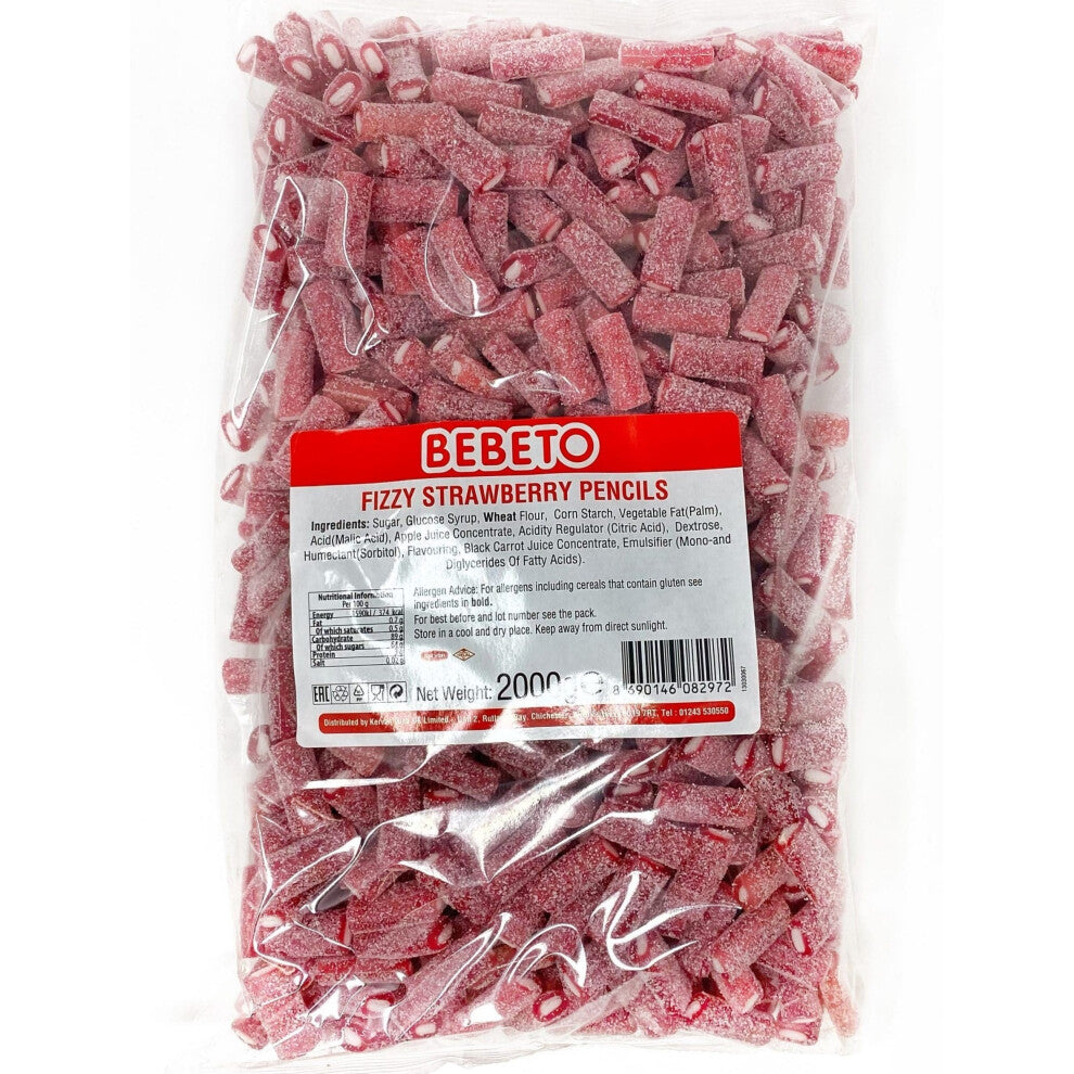 (Fizzy Strawberry Pencils VEGAN (16007149)) Bebeto VEGAN Range Rainbow Belts, Strawberry Pencils 3 x 2KG Bags Halal Sweets