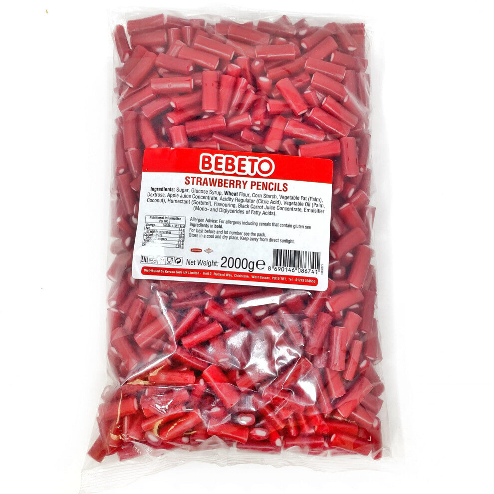 (Strawberry Pencils VEGAN (16007487)) Bebeto VEGAN Range Rainbow Belts, Strawberry Pencils 3 x 2KG Bags Halal Sweets