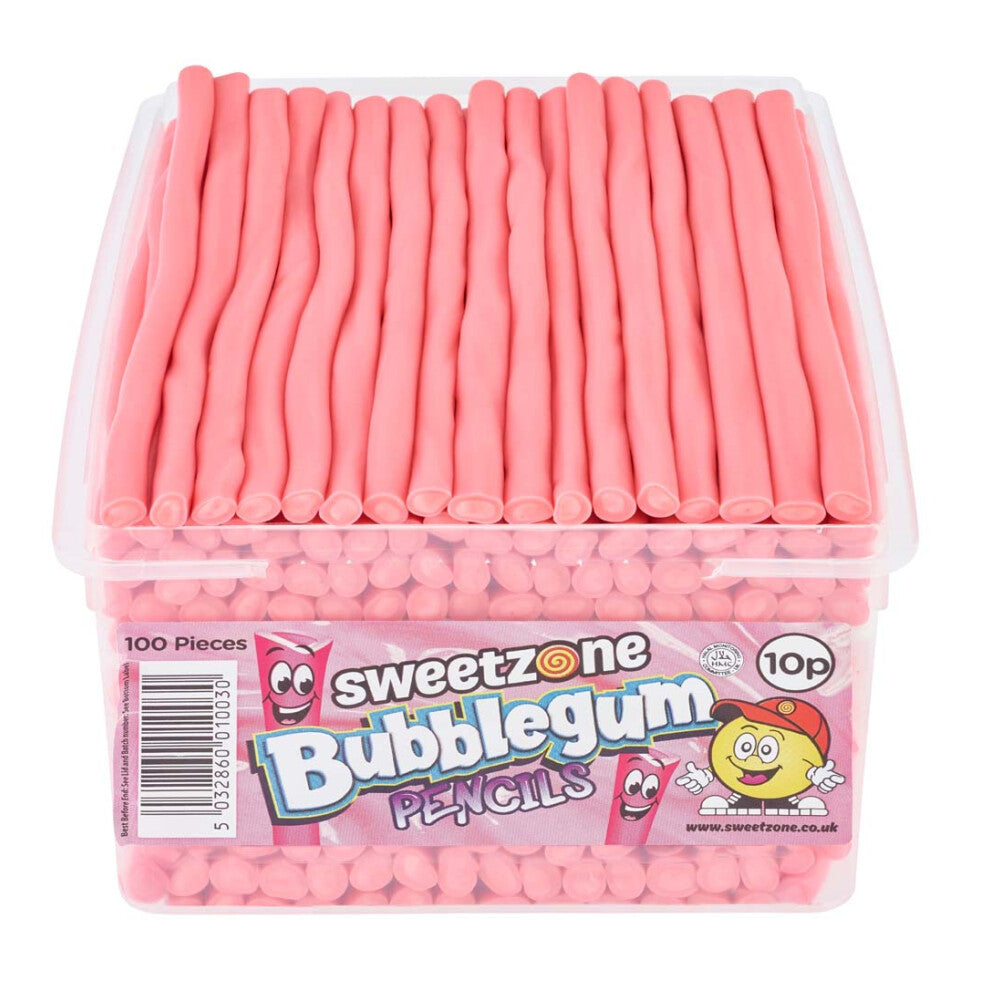 (8 x Bubblegum Pencils 1.1KG TUB - 1I088) Sweetzone Pencil Sweets 2 x 1.1kg, 8 x 1.1kg VEGAN Strawberry Fizzy Rainbow Bubble Gum Blackcurrant Cherry U