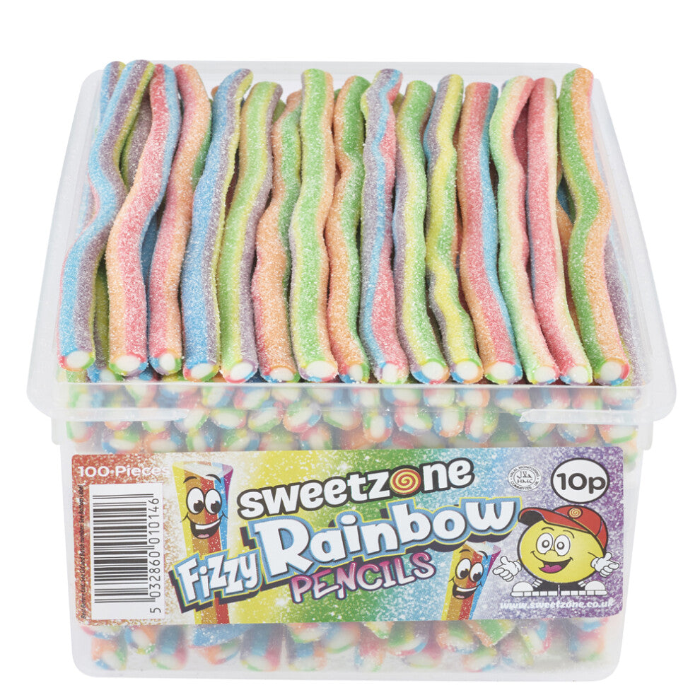 (2 x Fizzy Rainbow Pencils 1.1KG TUB - 1I090) Sweetzone Pencil Sweets 2 x 1.1kg, 8 x 1.1kg VEGAN Strawberry Fizzy Rainbow Bubble Gum Blackcurrant Cher