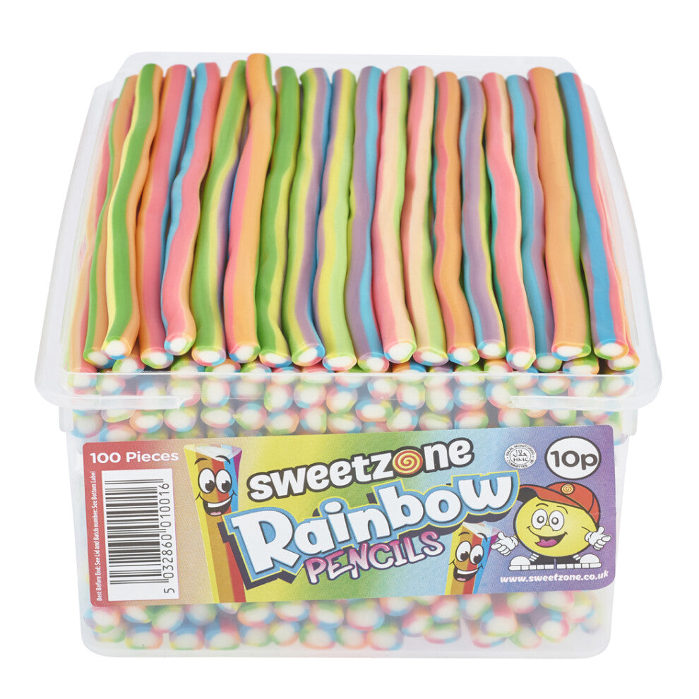 (8 x Rainbow Pencils 1.1KG TUB - 1I091) Sweetzone Pencil Sweets 2 x 1.1kg, 8 x 1.1kg VEGAN Strawberry Fizzy Rainbow Bubble Gum Blackcurrant Cherry UK