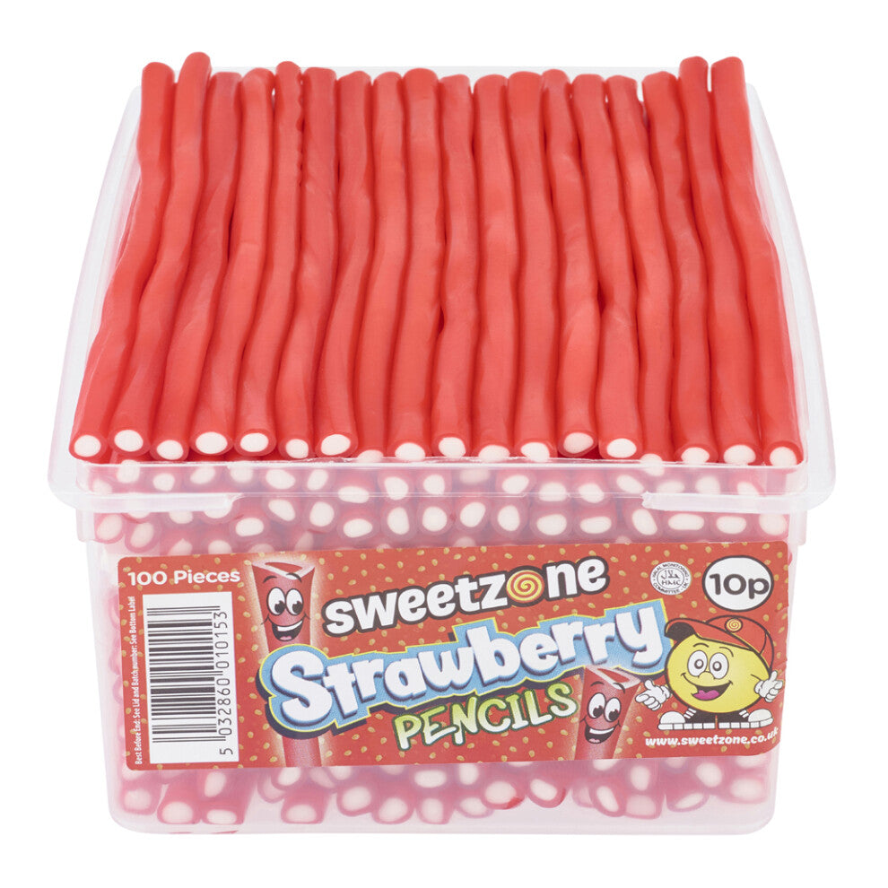 (2 x Strawberry Pencils 1.1KG TUB - 1I092) Sweetzone Pencil Sweets 2 x 1.1kg, 8 x 1.1kg VEGAN Strawberry Fizzy Rainbow Bubble Gum Blackcurrant Cherry