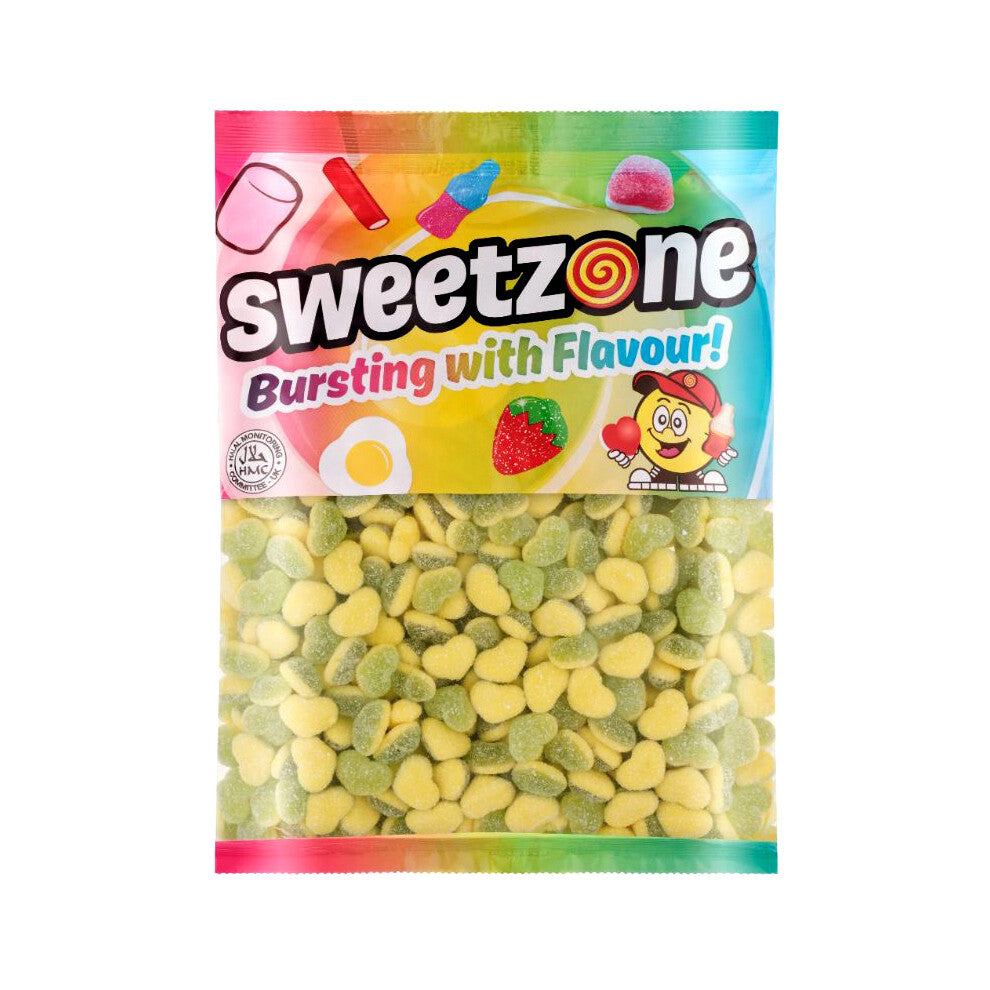 (Apple & Custard Hearts 1KG Bag - 1F001) Halal Sweets Bubblegum Balls, Peach Rings, Fizzy Mix 12x1kg Bag Halal HMC Sweets