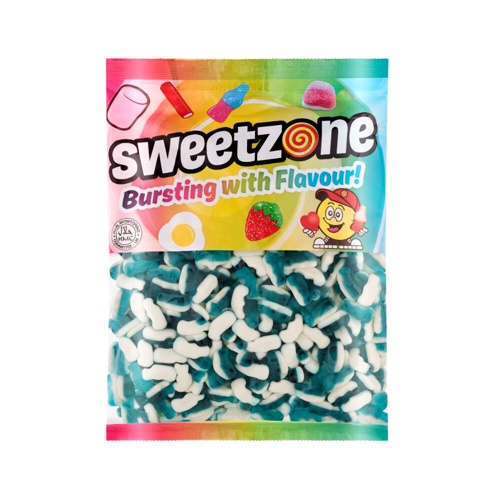 (Blue Dolphins 1KG Bag - 1F002) Halal Sweets Bubblegum Balls, Peach Rings, Fizzy Mix 12x1kg Bag Halal HMC Sweets