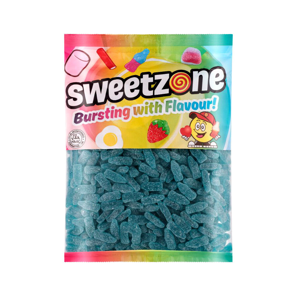 (Fizzy Blue Raspberry Bottles 1KG Bag - 1F003) Halal Sweets Bubblegum Balls, Peach Rings, Fizzy Mix 12x1kg Bag Halal HMC Sweets