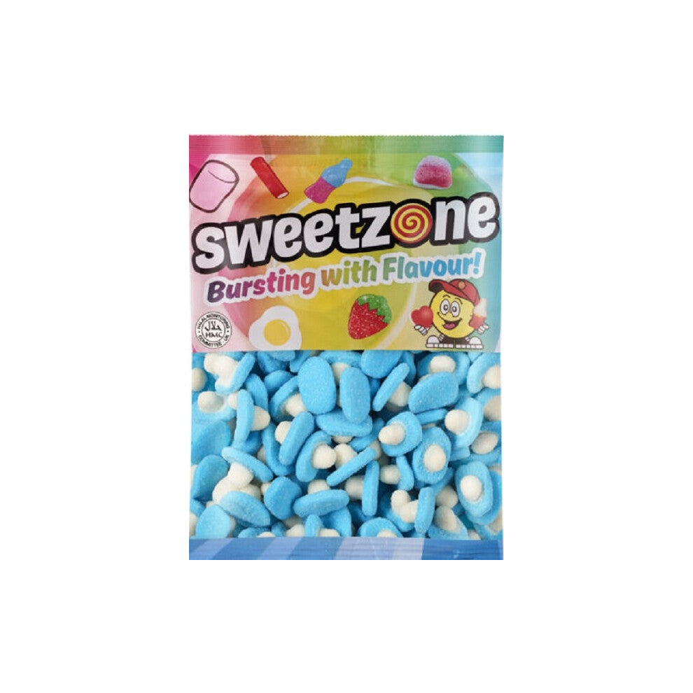 (Blue Raspberry Mushrooms 1KG Bag - 1F004) Halal Sweets Bubblegum Balls, Peach Rings, Fizzy Mix 12x1kg Bag Halal HMC Sweets