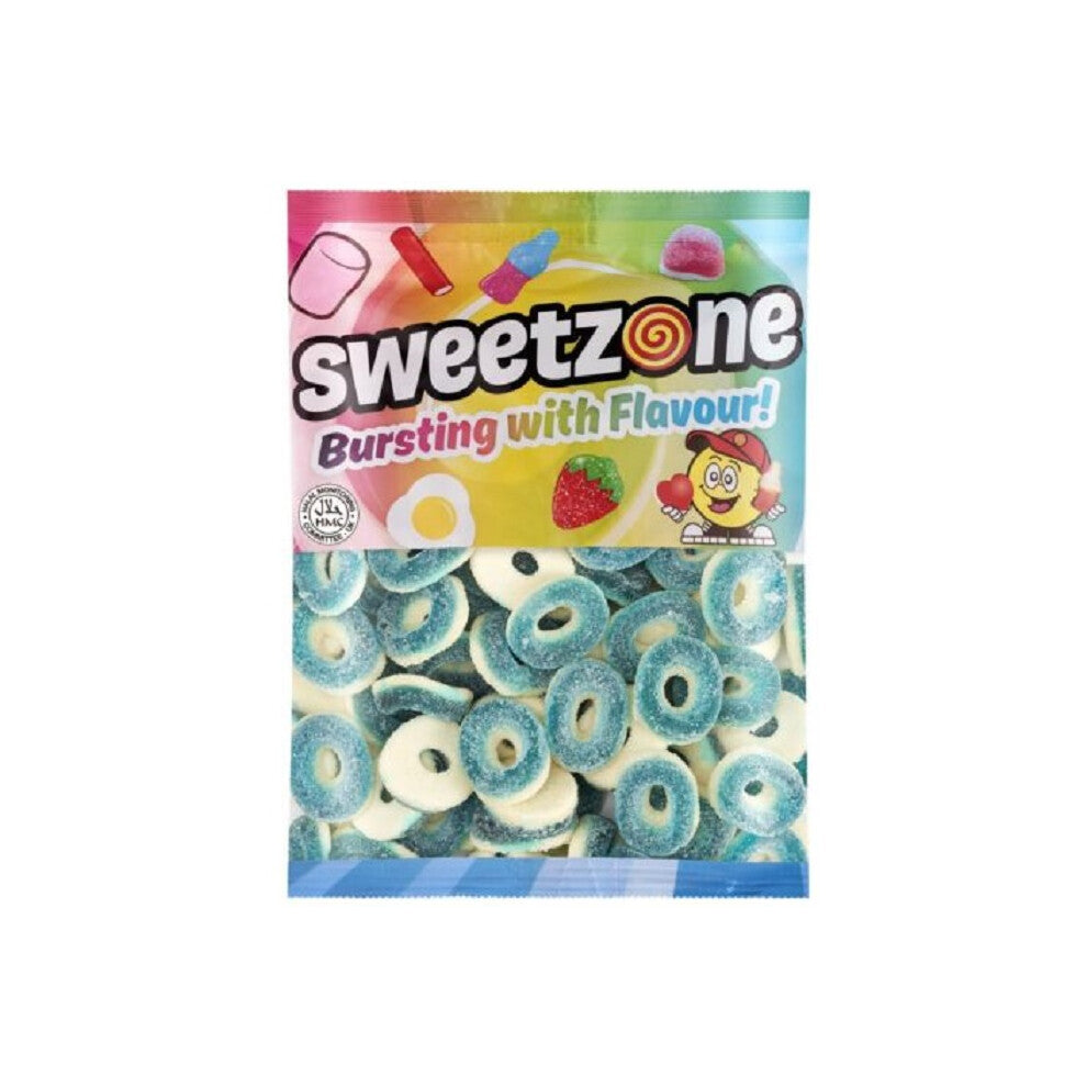 (Blue Raspberry Rings 1KG Bag - 1F005) Halal Sweets Bubblegum Balls, Peach Rings, Fizzy Mix 12x1kg Bag Halal HMC Sweets