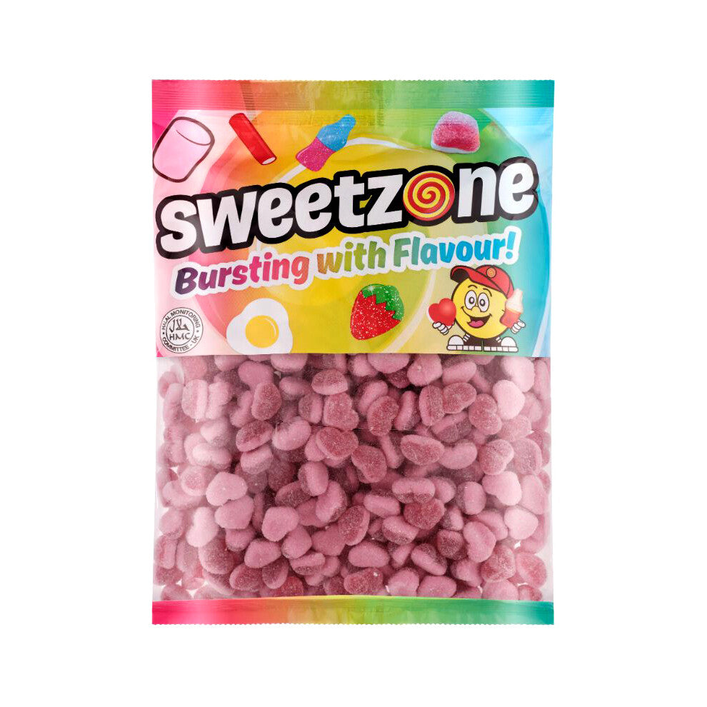 (Fizzy Strawberry Hearts 1KG Bag - 1F025) Halal Sweets Bubblegum Balls, Peach Rings, Fizzy Mix 12x1kg Bag Halal HMC Sweets