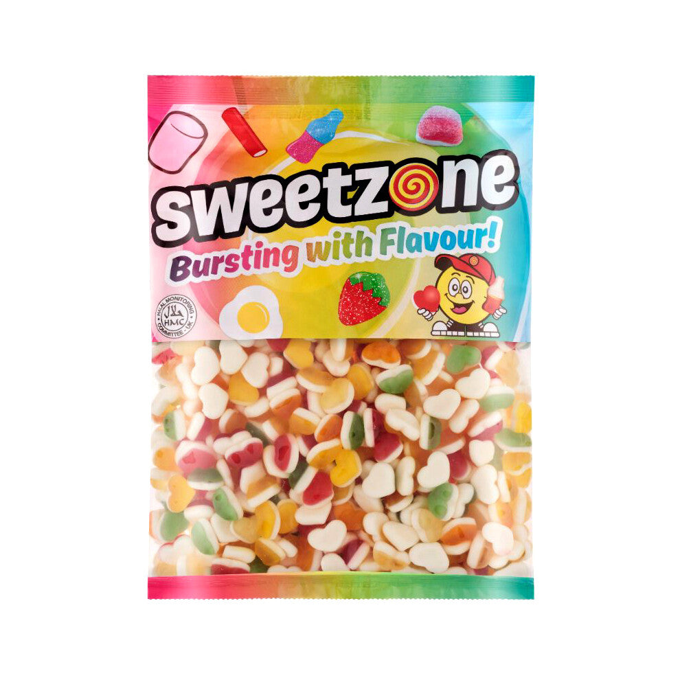 (Fruity Hearts 1KG Bag - 1F027) Halal Sweets Bubblegum Balls, Peach Rings, Fizzy Mix 12x1kg Bag Halal HMC Sweets