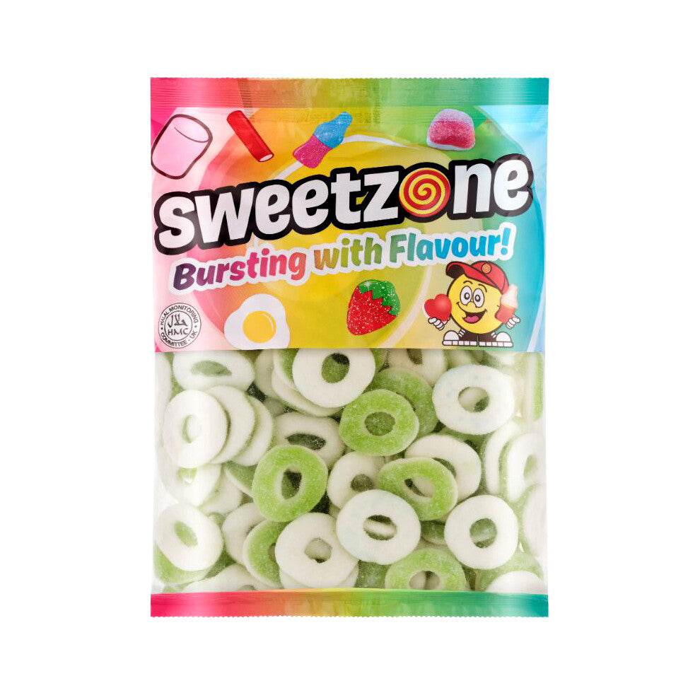 (Sour Apple Rings 1KG Bag - 1F042) Halal Sweets Bubblegum Balls, Peach Rings, Fizzy Mix 12x1kg Bag Halal HMC Sweets