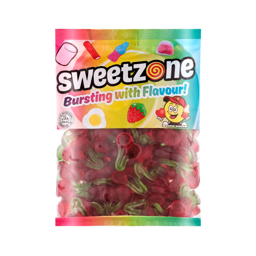(Twin Cherries 1KG Bag - 1F050) Halal Sweets Bubblegum Balls, Peach Rings, Fizzy Mix 12x1kg Bag Halal HMC Sweets