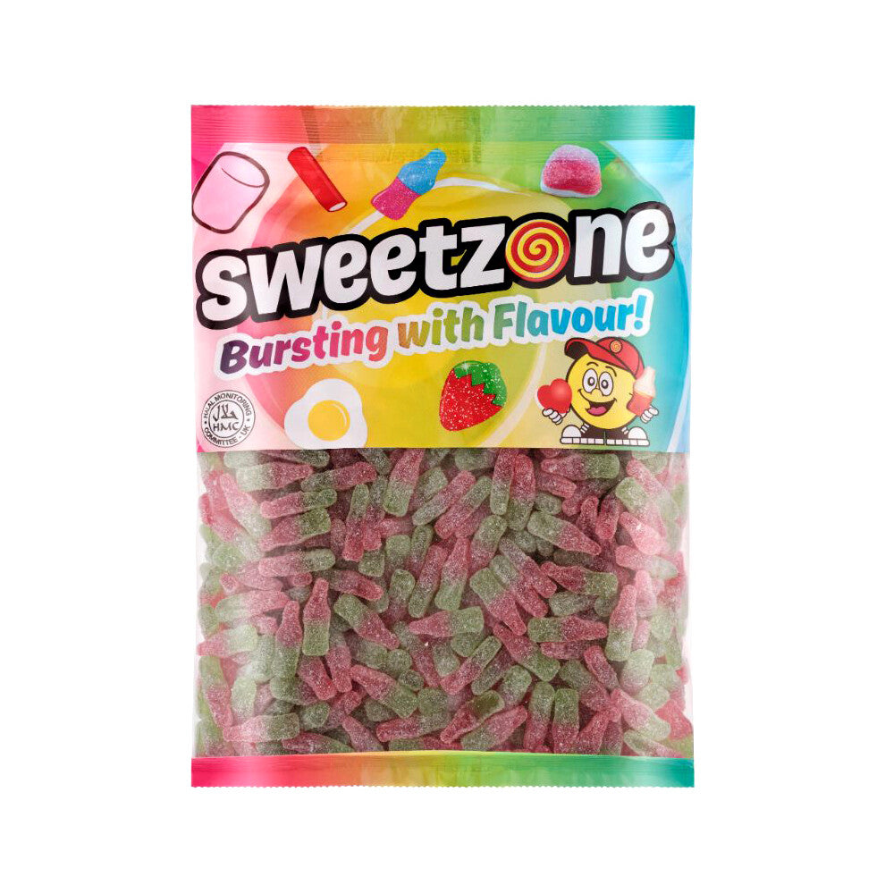 (Watermelon Bottles 1KG Bag - 1F051) Halal Sweets Bubblegum Balls, Peach Rings, Fizzy Mix 12x1kg Bag Halal HMC Sweets