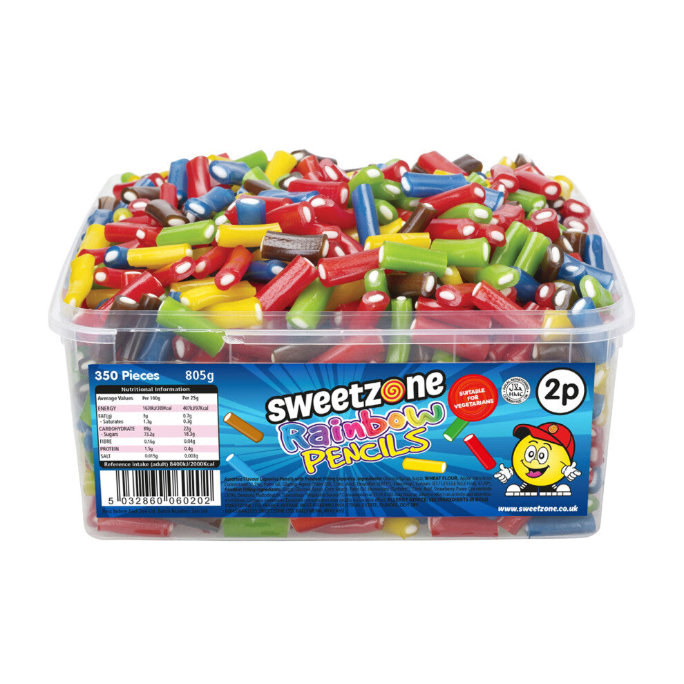 (Rainbow Pencils 800g TUB - 1H041) Halal Sweets Mini Frogs, Cola Bottles, Strawberry Puffs 2x800g Tubs HMC Certified