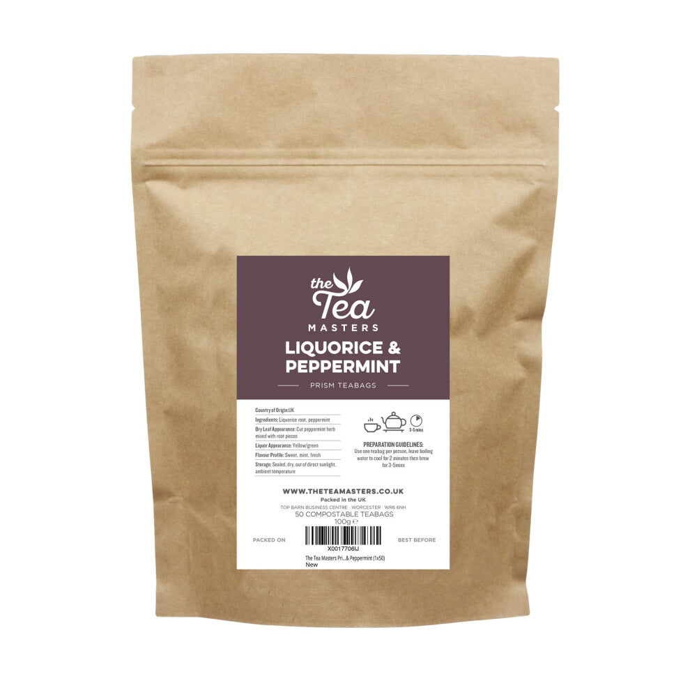 The Tea Masters Prism Teabags - 1x50 Premium Liquorice and Peppermint Tea Bags - Individually Wrapped Tea Bags with 100% Real Liquorice Root and