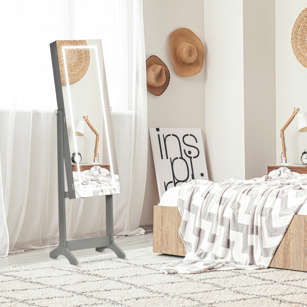 HOMCOM Mirrored Jewellery Cabinet W- LED Light Lockable Jewellery Armoire Grey