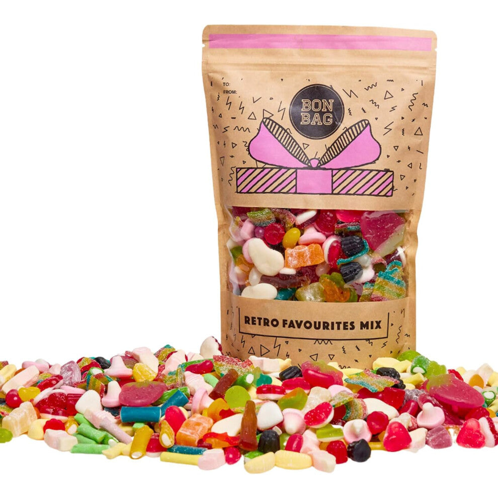 BON BAG - Classic Retro Favourites Pick And Mix Jelly Sweets 1L Pouch Party Bags Of Sweets. Bulk Candy Assortment In Large Resealable Party Bag(800g)