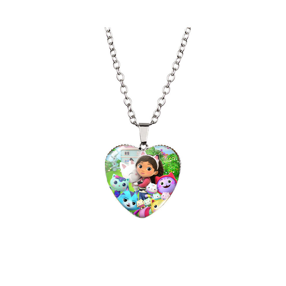 (XXXL5110, Stainless Steel Chain) Gabbys Dollhouse Adorable Heart Pendant Necklace Trendy Gemstone Alloy Design For All