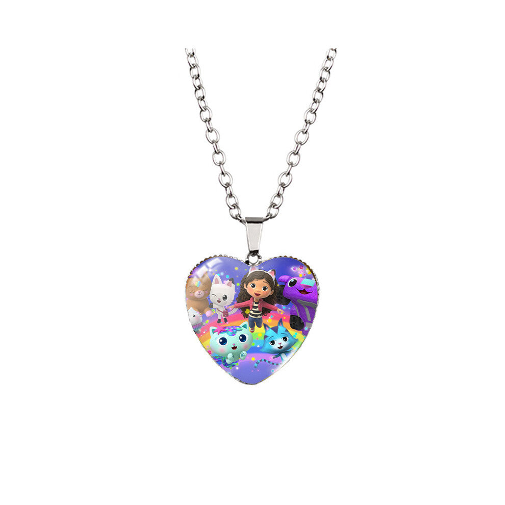 (XXXL5111, Stainless Steel Chain) Gabbys Dollhouse Adorable Heart Pendant Necklace Trendy Gemstone Alloy Design For All