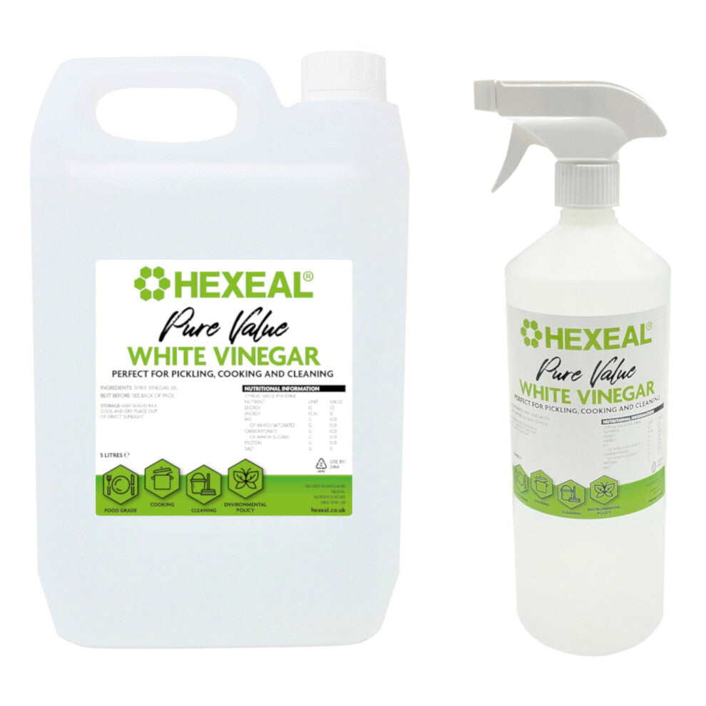 Hexeal Pure Value White Vinegar 5L Bottle and 1L Spray  Food Grade White Vinegar for Cooking, Cleaning, Pickling & Baking  Cleans Surfaces, Deodoris