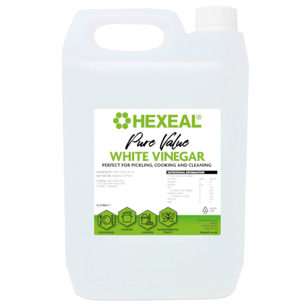 Hexeal Pure Value White Vinegar 5L - 5L of Food Grade White Vinegar for Cooking, Cleaning, Pickling & Baking  Cleans Surfaces, Deodorises & Removes G