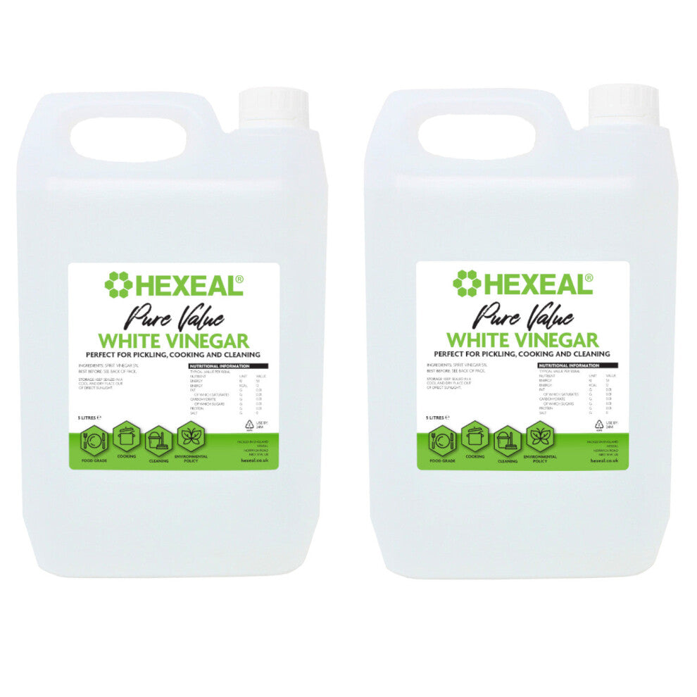 Hexeal Pure Value White Vinegar 10L - 2 x 5L of Food Grade White Vinegar for Cooking, Cleaning, Pickling & Baking  Cleans Surfaces, Deodorises & Remo