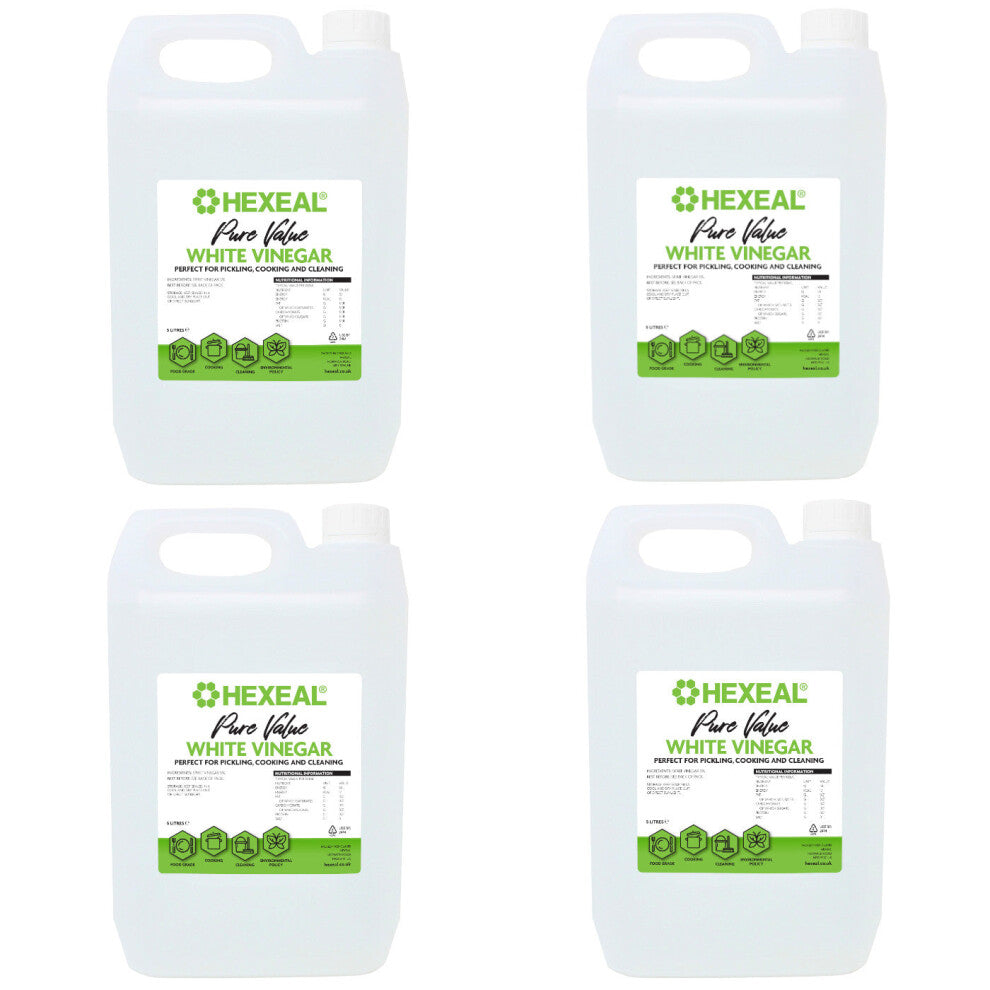 Hexeal Pure Value White Vinegar 20L - 4 x 5L Bottle of Food Grade White Vinegar for Cooking, Cleaning, Pickling & Baking  Cleans Surfaces, Deodorises