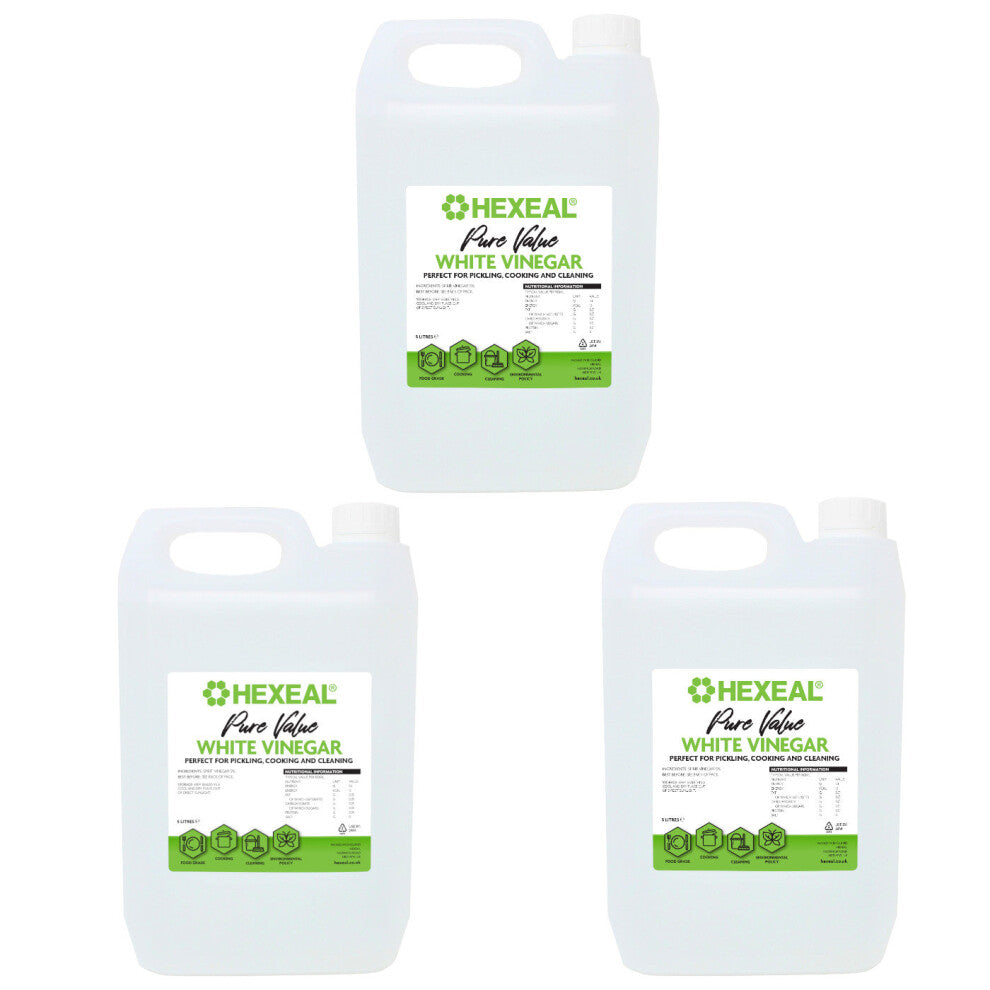 Hexeal Pure Value White Vinegar 15L - 3 x 5L of Food Grade White Vinegar for Cooking, Cleaning, Pickling & Baking  Cleans Surfaces, Deodorises & Remo