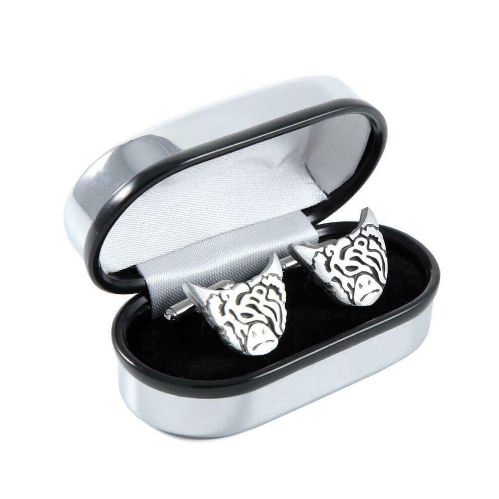 Scotish Pewtermill Brushed Chrome Highland Cow Coo Cufflinks