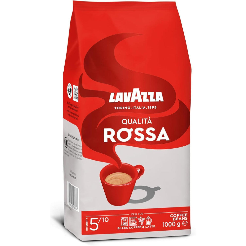 Lavazza, Qualità Rossa, Coffee Beans, with Aromatic Notes of Chocolate and Dried Fruit, Arabica and Robusta, Intensity 5-10, Medium Roasting, 1 Kg