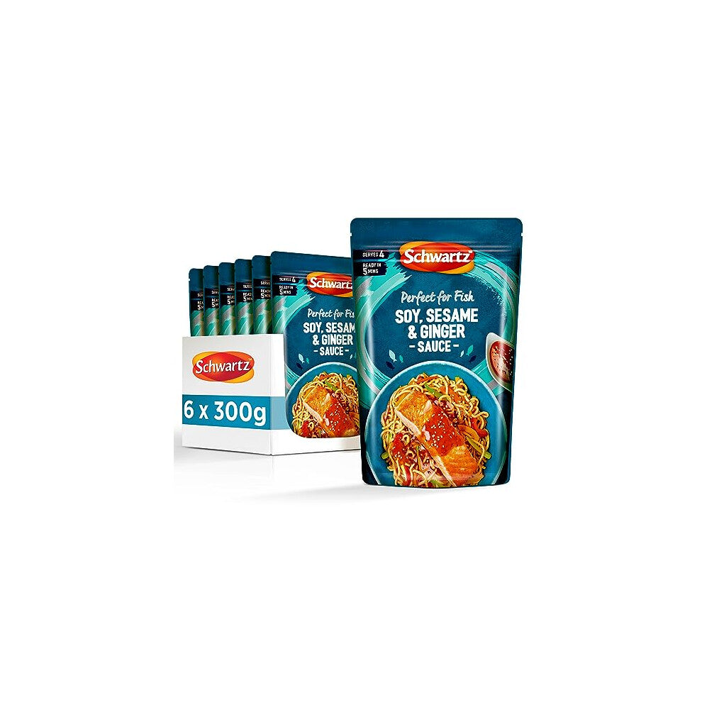 Low Fat Dark Soy Sesame & Ginger Sauce 300 G, Serves 4, Pack of 6, Full of Flavour, Perfect for Fish, Microwaveable Pack