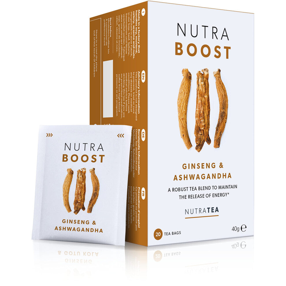 NUTRABOOST - Energy Tea | Herbal Energy Boost Tea - Help With Tiredness And Fatigue -Includes Green Tea, Ginseng & Ashwagandha - 40 Enveloped Tea Bags