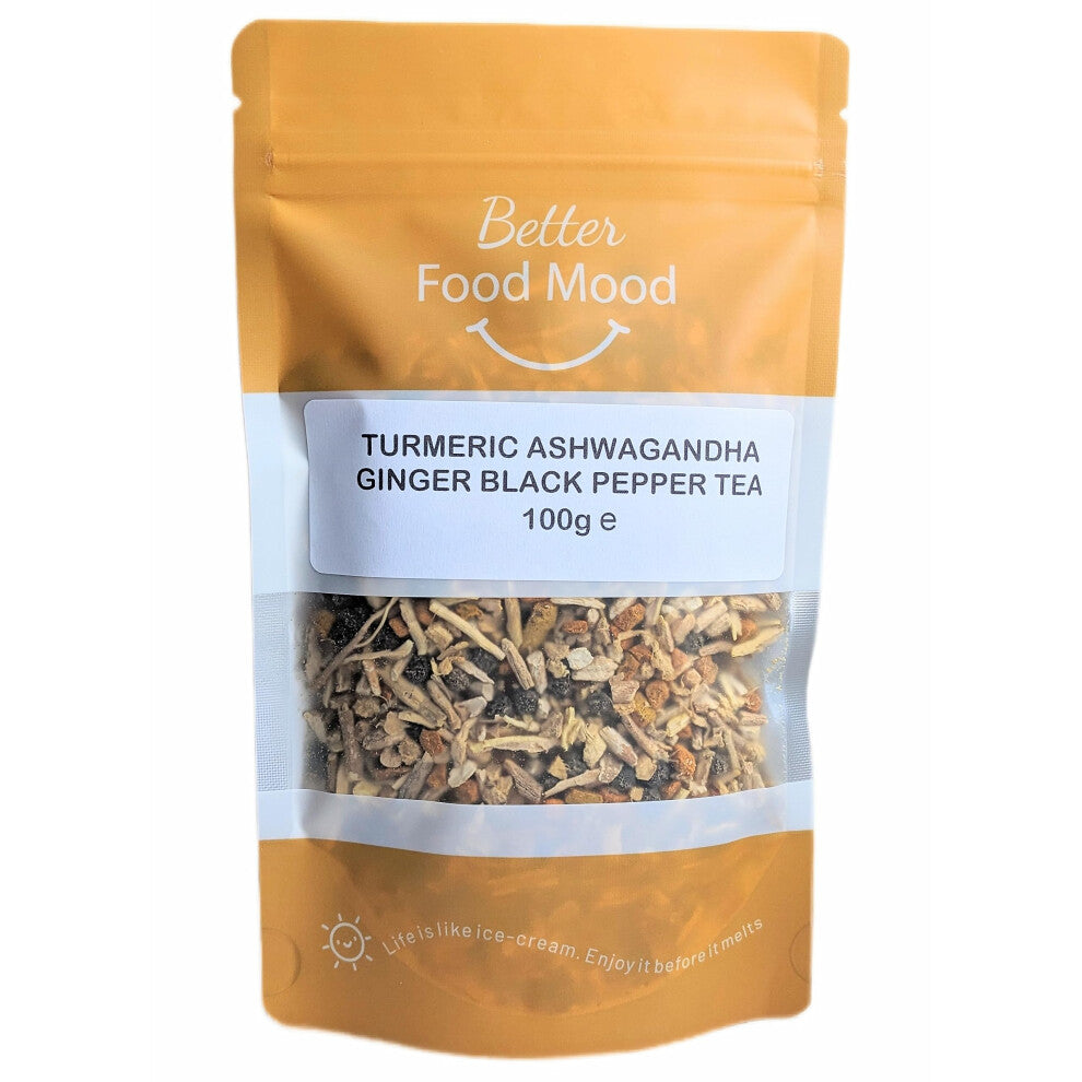 Turmeric Ashwagandha Ginger Black Pepper Loose Leaf Tea 100gm | May Aid Digestion & Stress Relief | Superfood - No Caffeine | Rich in Antioxidants
