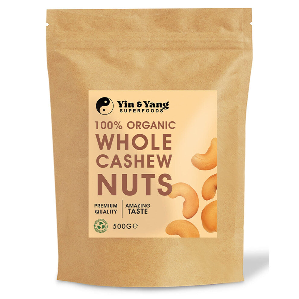 Organic Cashew Nuts 500g Whole, Raw, 100% Natural, by Yin & Yang Superfoods. Premium Quality, Source of Fibre & Protein, Vegan, Contains Antioxidants,