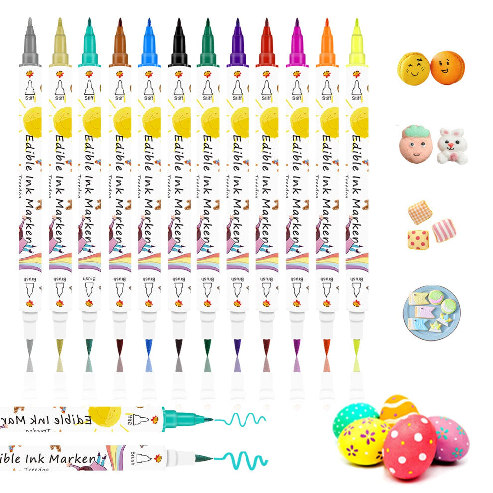 Edible Food Colouring Pens 12Pcs,Dual Sided Food Grade Icing Pens and Edible Markers with Fine&Thick Tip,Edible Food Pens Gourmet Writers for