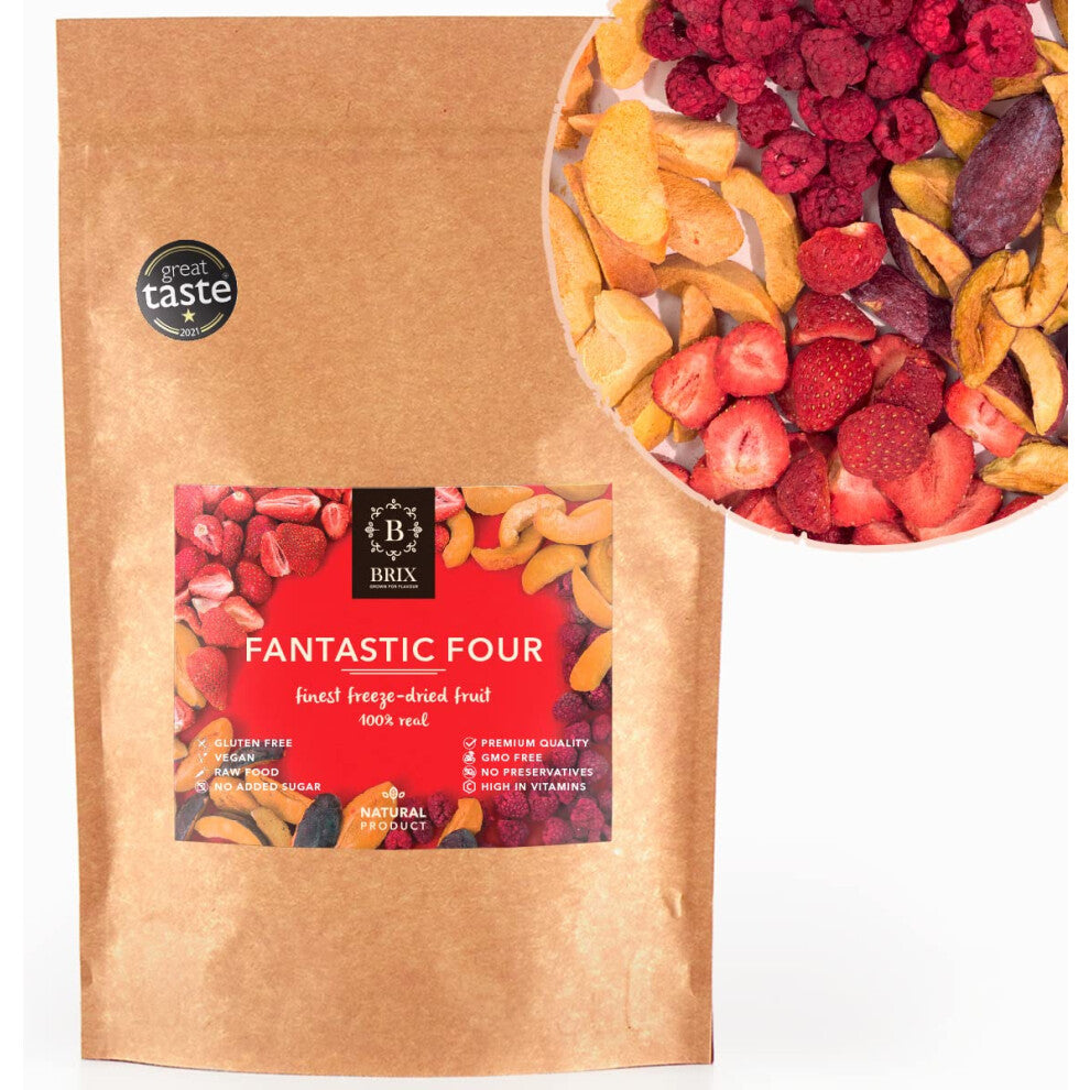 BRIX Freeze Dried Fruit Mix | Dried Raspberry, Strawberry, Plum & Apricot 80g | Non-GMO, Gluten Free, Vegan & Vitamins Retained