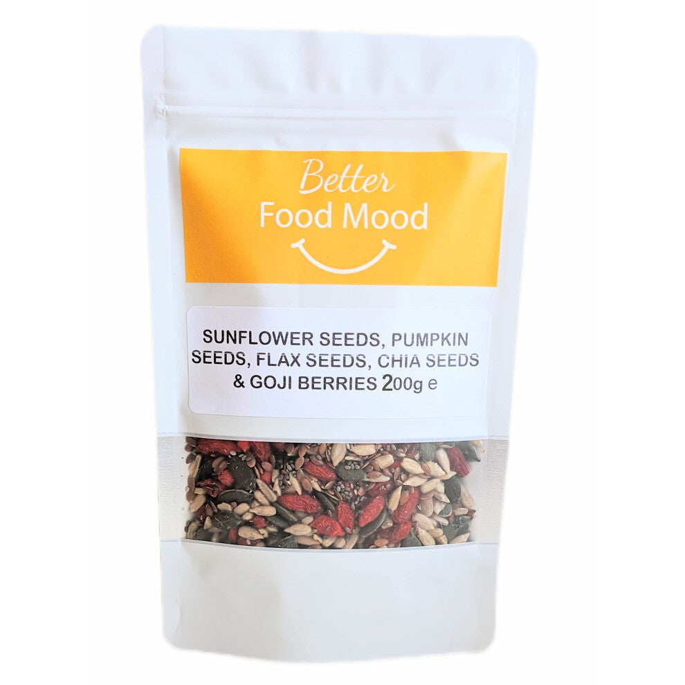 Flaxseed, Sunflower, Pumpkin, Chia Seeds & Goji Berries Mix 200g | Unsalted Unroasted Sunflower and Pumpkin Seeds for Eating