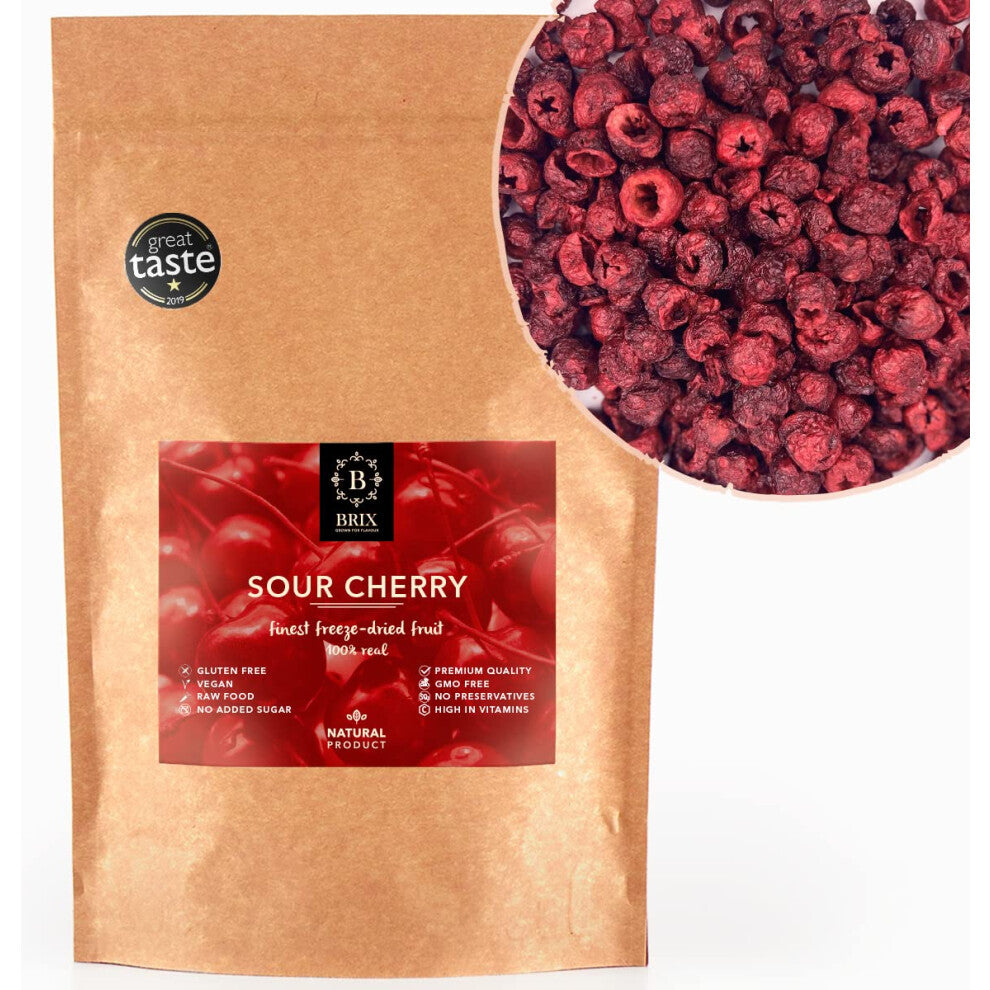 BRIX Freeze Dried Sour Cherries | 100% Natural Dried Whole Cherry 105g | Great Taste Award Dried Fruit | Non-GMO, Gluten Free, Vegan & Vitamins