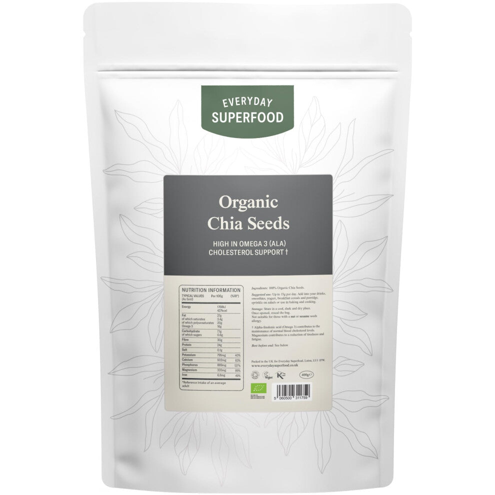 Organic Chia Seeds 400g, Premium Whole Black Chia Seed Great Ingredient for Weight Loss Diets