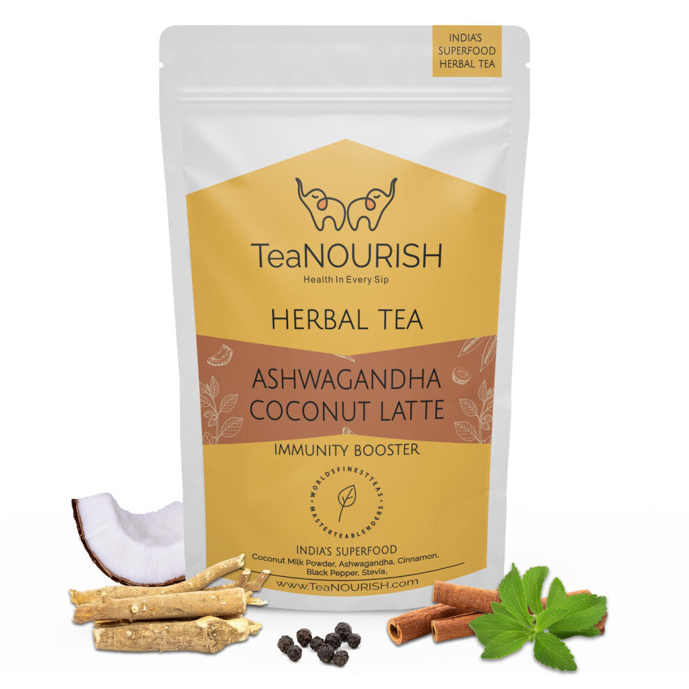 Ashwagandha Coconut Latte | CAFFEINE-FREE Herbal Tea | Indian Superfoods Ashwagandha & Coconut | Relieves Stress and Supports Immunity | 100% NATURAL