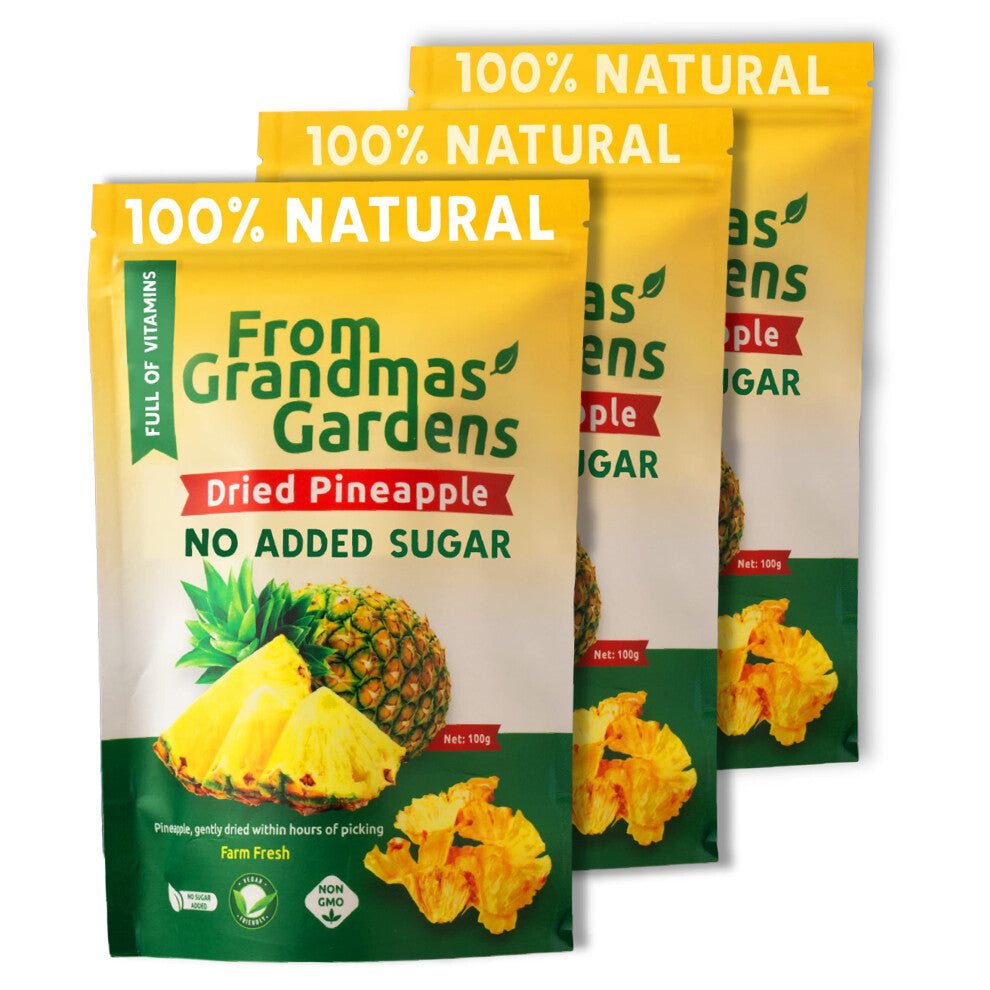 Dried Pineapple - From Grandmas Gardens | 3 x 100g | Healthy Vegan Snack | 100% Natural | No Added Sugar | Rich in Vitamins | No Preservatives | GMO