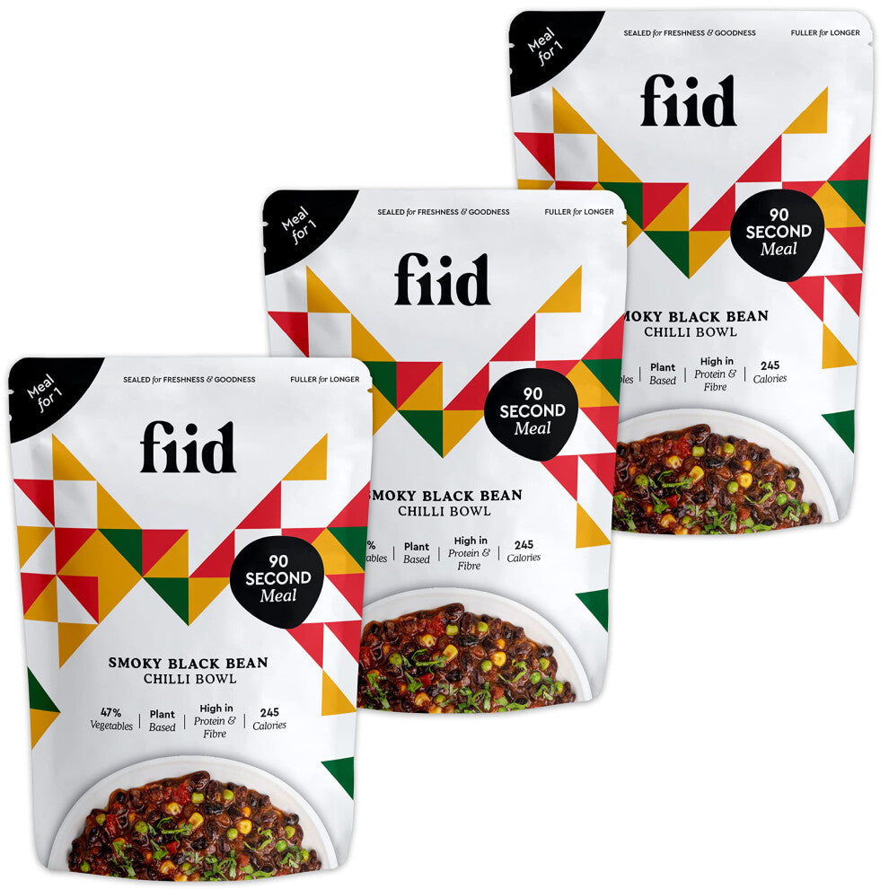 100% Natural Vegan Microwave Ready Meals - Mexican Black Bean Chilli - 3 x 275g (Vegetarian Food Pouch, High in Fibre & Protein, Low in Sugar, Gluten