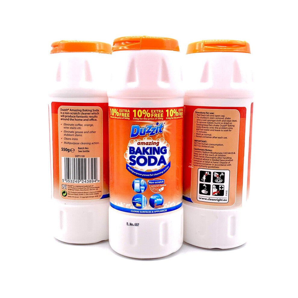 3 Pack Duzzit Baking Soda **550g**, Non Scratch Multipurpose Powerful Cleaning Action. Eliminates Stains Such As Coffee, Orange, Grease and Wine.