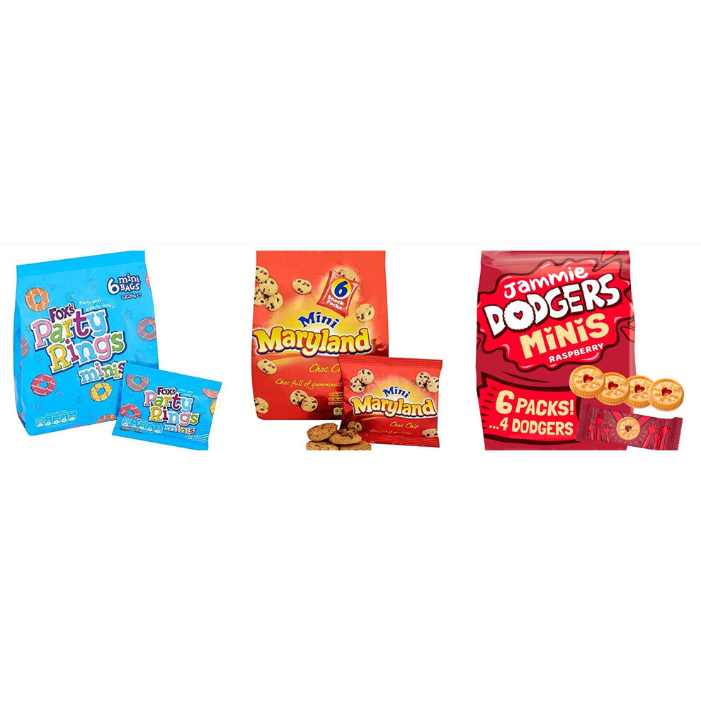 Mini Biscuits Party Selection Pack. Jammie Dodgers, Party Rings, Maryland Choc Chip Cookies. Eighteen small bags for Kid's Parties, lunch boxes,
