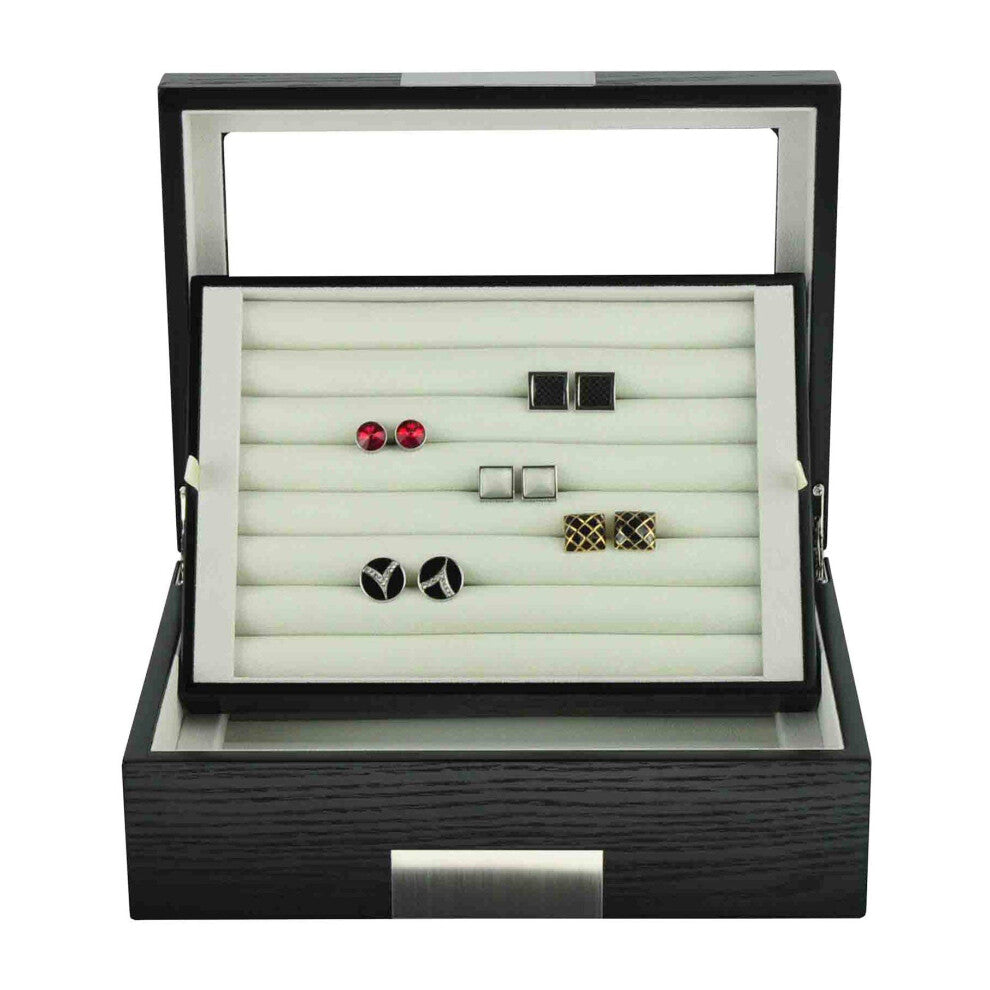 TIMELYBUYS Black Ebony Wood Cufflink Case & Ring Storage Organizer with Stainless Steel Engravable Design Accent Men's Jewelry Box for 72 Cufflinks