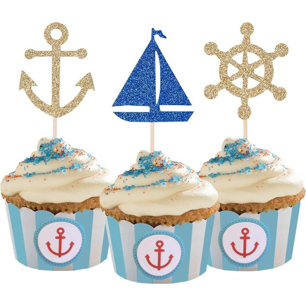 24 Pcs Nautical Theme Glitter Cupcake Picks Cupcake Toppers Food Fruit Picks for Decoration Party Favors