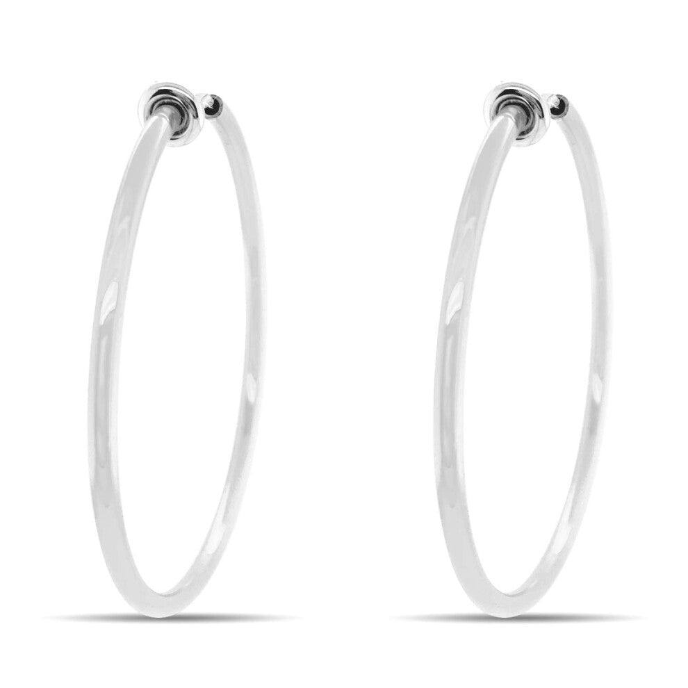 Aloha Earrings - Clip On Hoop Earrings for Women - Silver and Gold-Tone Brass Spring Hoops for Non-Pierced Ears (Bright Silver Large)